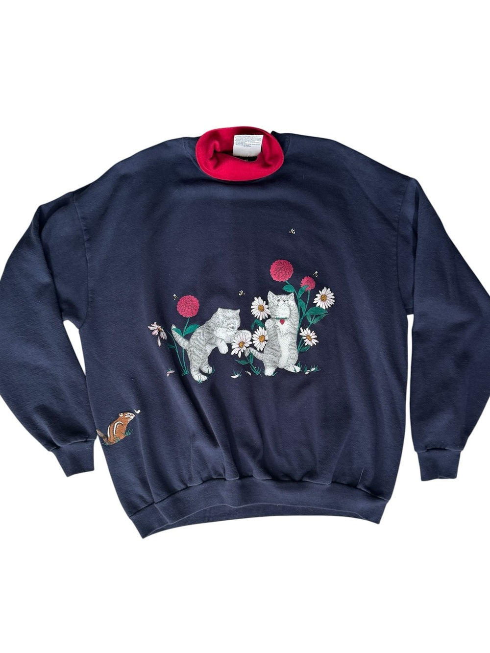 Vintage XL Cat Sweatshirt Mock Neck Floral Kittens Grandmacore Cottagecore - Picture 4 of 10